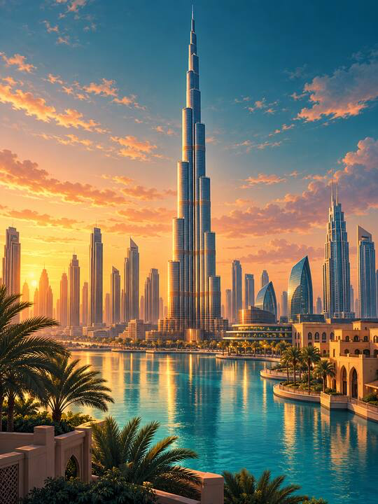 Merofly United Arab Emirates artwork showing the Burj Khalifa at sunset
